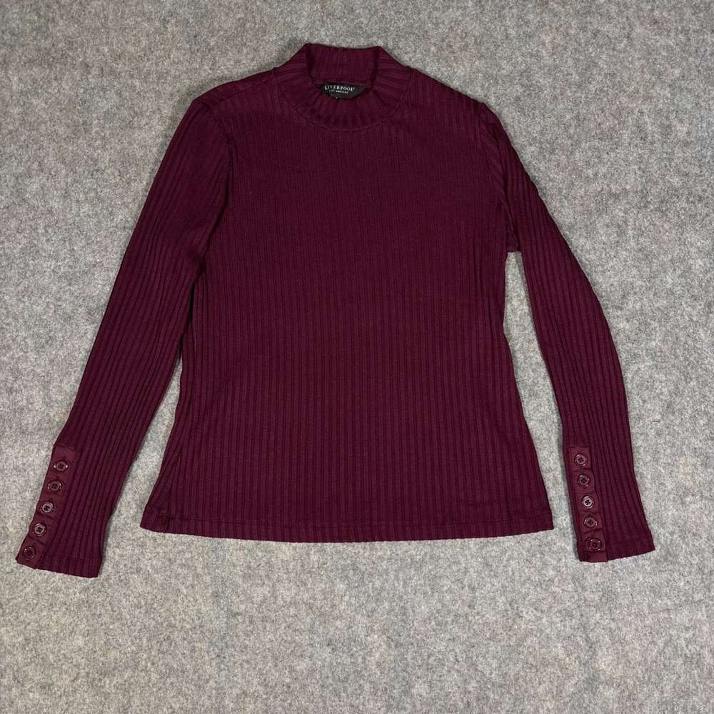 Liverpool Mock‎ Neck Top Womens S Burgundy Ribbed Knit Button Cuff Long Sleeve